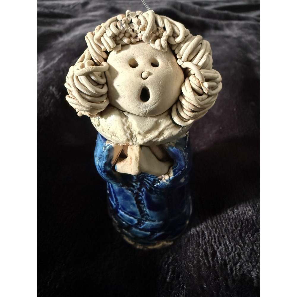 Vintage 1997 Studio Pottery Angel Choir Singer Figurine Blue Glaze Ornament 97